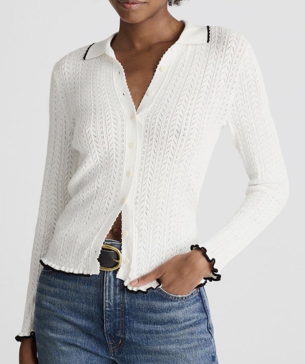 Madewell Pointelle Cardigan Womens Medium White Ruffle Trim NEW $118
